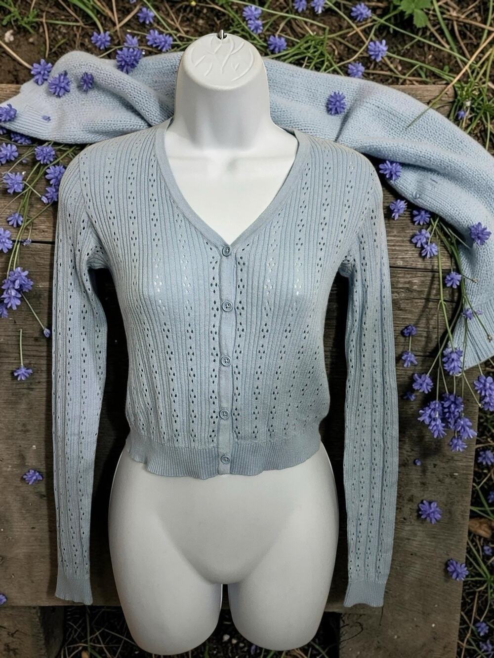 Brandy Melville Light Blue Eyelet Cardigan Sweater One Size V-Neck Button Front